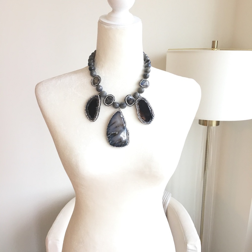 Statement Necklace Labradorite Gemstone Agate Slab - image 3